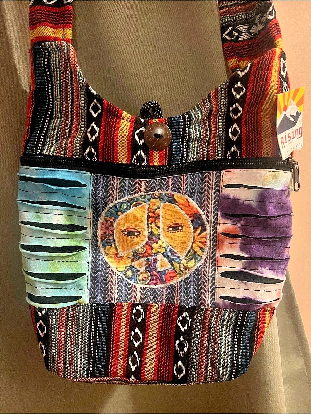 Rising International Peace Sign Patchwork Hobo Shoulder Bag Black & Red